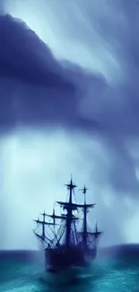 Mysterious ship sailing through stormy seas under a dark blue sky.