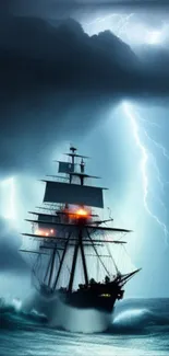 Sailing ship braves a lightning storm on the ocean, set against dark, dramatic skies.