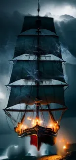 Dramatic ship sails through stormy ocean with dark clouds and glowing lights.