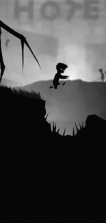 Silhouette of a child jumping in a mysterious, dark landscape for mobile wallpaper.