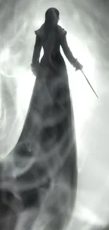 Mysterious silhouetted figure with wand in misty monochrome.