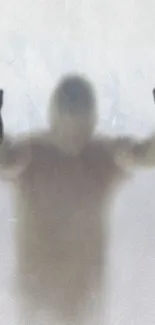 Mystery silhouette behind misty glass with dark gloves.