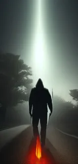 Silhouette of a person walking on a foggy road with dramatic lighting.