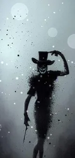 Mysterious silhouetted figure with top hat in a misty scene.