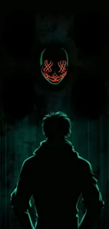 Silhouette facing a glowing mask in dark abstract wallpaper.