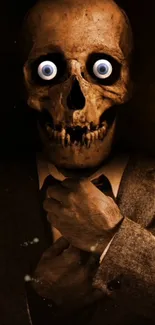 Skeleton in a suit with eerie large eyes in a dark setting.