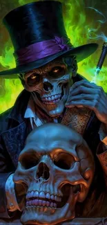 Skeleton with top hat and skull art with green flames.