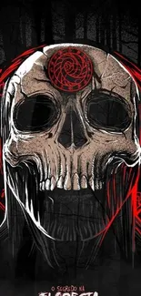 Eerie skull art wallpaper with red mystical symbols.