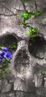 Textured skull with green leaves and purple flowers on dark background.