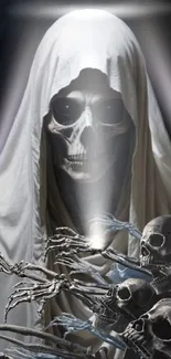 Cloaked figure with skull and skeleton art