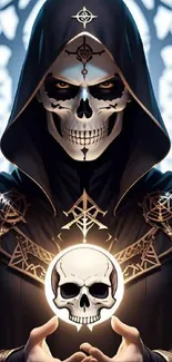 Hooded figure with a glowing skull orb in mysterious dark art style.