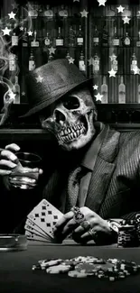 Skull-faced figure in suit holding a drink in a dimly lit bar scene.