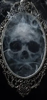 Ornate mirror with smoky skull reflection, dark theme.