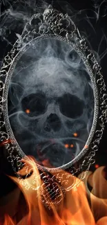 Eerie skull encased in smoke within an ornate mirror on black background.