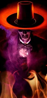 Skull wallpaper with orange hat and purple smoke background.