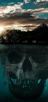 Mysterious island with skull reflection in the ocean at sunset.