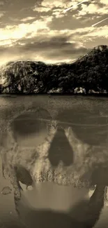 Skull reflection over an island in sepia tones.