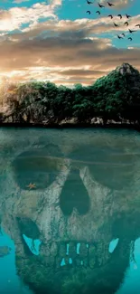 Skull-shaped island reflecting in ocean at sunset.