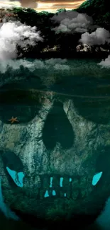 Mysterious skull island wallpaper with teal waters and cloudy sky.