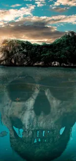 Mysterious island with hidden skull reflection in ocean waters.