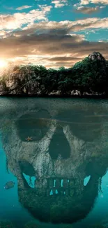 Mobile wallpaper featuring a mysterious island with a skull reflection in the ocean.