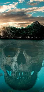 Mysterious island with a skull reflection at sunset over turquoise waters.