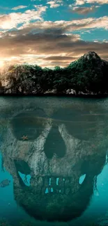 Island at sunset with skull reflection underwater.