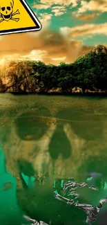 Mysterious island with skull reflection on water under an ominous sky.