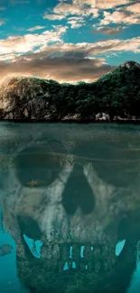 Surreal island with skull reflection in tranquil water.