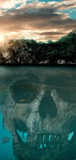 Skull reflection beneath ocean waters with island sunset in background.