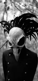 A mysterious figure with a skull mask in monochrome art style.