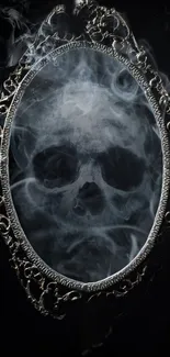 Skull reflected in ornate mirror with smoke on a dark background.