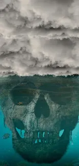 Mysterious skull in the ocean with clouds and vibrant seas.