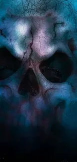 Mysterious skull with dark blue tones and eerie design on a mobile wallpaper.