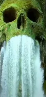 Enchanting skull-shaped waterfall with lush greenery.