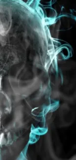 Skull with blue swirling smoke on black background.