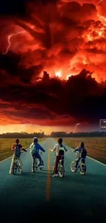 Kids biking towards crimson sky with storm clouds in a dramatic scene.