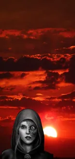 Mysterious figure beneath a fiery red sunset with dramatic clouds.