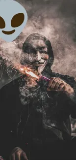 Masked figure surrounded by smoke and mystery.