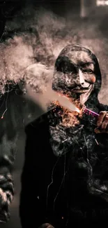 Hooded figure with mask amidst swirling smoke.