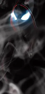 Mysterious figure in smoke with glowing eyes, dark themed wallpaper.