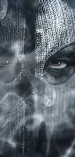 Mysterious figure in a gray knitted mask amidst swirling smoke.