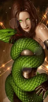 Mystical woman entwined with a green snake on fantasy wallpaper.