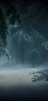 Snow-covered forest with misty trees under a dark, mysterious sky.