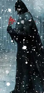 Dark figure holding flowers in snowy scene.