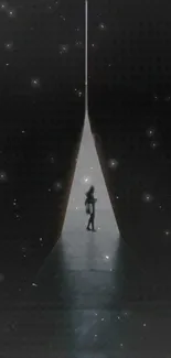 Silhouette in cosmic-themed doorway amidst stars.