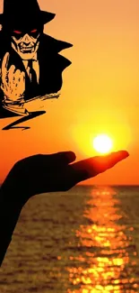 Hand holding sunset with mysterious figure, ocean backdrop.