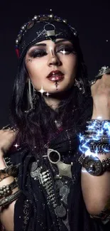 Mysterious woman with tribal jewelry and dark background.