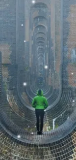 Mysterious tunnel with a lone figure in green jacket.