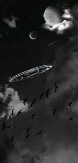 UFO and birds in a night sky with clouds and moon in black and white hues.